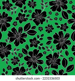 Cute floral pattern. Seamless vector texture. An elegant template for fashionable prints. Print with black flowers and leaves. green background.