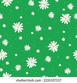 Cute floral pattern. Seamless vector texture. An elegant template for fashionable prints. Print with white flowers and dots. green background.