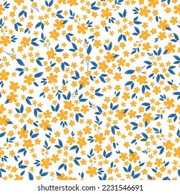 Cute floral pattern. Seamless vector texture. An elegant template for fashionable prints. Print with small yellow flowers and blue leaves. white background.