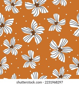 Cute floral pattern. Seamless vector texture. An elegant template for fashionable prints. Print with white flowers and dots. orange background.