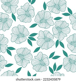 Cute floral pattern. Seamless vector texture. An elegant template for fashionable prints. Print with white flowers and turquoise leaves. white background.