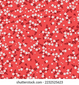 Cute floral pattern. Seamless vector texture. An elegant template for fashionable prints. Print with small white flowers and burgundy leaves. red background.