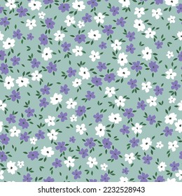 Cute floral pattern. Seamless vector texture. An elegant template for fashionable prints. Print with small white and lilac flowers .green background.