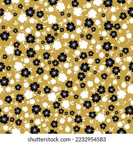 Cute floral pattern. Seamless vector texture. An elegant template for fashionable prints. Print with small white and black  flowers,leaves . mustard background.