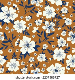 Cute floral pattern. Seamless vector texture. An elegant template for fashionable prints. Print with small white flowers and blue leaves. pink background.