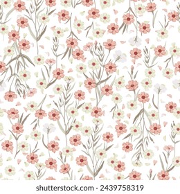 Lindo patrón floral. Textura vectorial sin costuras. Una plantilla elegante para estampados de moda. Imprimir con flores rojas y verde claro sobre fondo blanco.