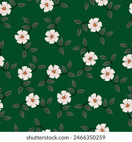 Cute floral pattern. Seamless vector texture. An elegant template for fashionable prints. Print with small white and lilac flowers .green background.