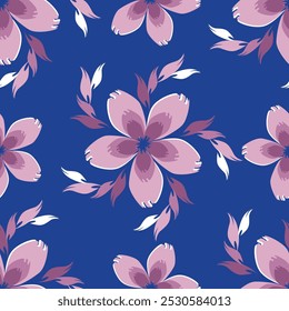 Cute floral pattern. Seamless vector texture. An elegant template for fashionable prints. Print with small white flowers and blue leaves. pink background.