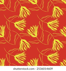 Lindo patrón floral. Textura de Vector sin costuras. Una Plantilla elegante para estampados de moda. Imprimir con flores amarillas y hojas verdes. fondo blanco.