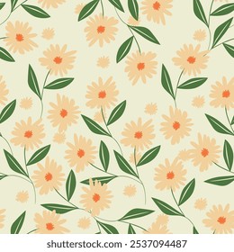 Cute floral pattern. Seamless vector texture. An elegant template for fashionable prints. Print with yellow flowers and green leaves. white background.