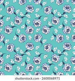 Cute floral pattern. Seamless vector texture. An elegant template for fashionable prints. Print with small white flowers and blue leaves. pink background
