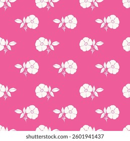 Cute floral pattern. Seamless vector texture. An elegant template for fashionable prints. Print with small white flowers and blue leaves. pink background