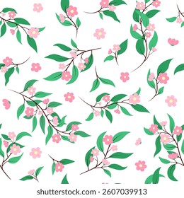 Cute floral pattern. Seamless vector white background with pink flowers. Repeating illustration of floral botanical elements and leaves. Elegant detailed decorative natural objects pattern.