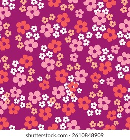 Cute floral pattern. Seamless vector texture. An elegant template for fashionable prints. Print with small white flowers and blue leaves. pink background