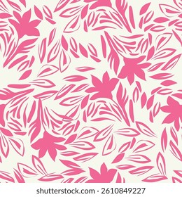 Cute floral pattern. Seamless vector texture. An elegant template for fashionable prints. Print with small white flowers and blue leaves. pink background