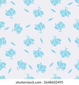 Cute floral pattern. Seamless vector texture. An elegant template for fashionable prints. Print with small white flowers and blue leaves. pink background