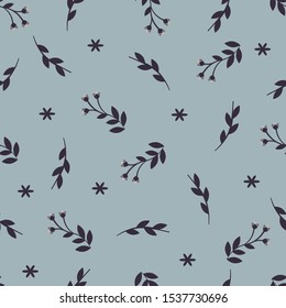 Cute floral pattern with small abstract flowers in blue and dark brown colour.