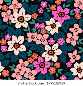 Cute floral pattern in the small abstract flowers. Seamless vector texture. Elegant template for fashion prints. Printing with small white and pink flowers. Black background.