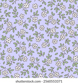 Cute floral pattern in small abstract daisy flowers. Small white flowers. Gray blue background. Ditsy print. Floral seamless background. Vintage template for fashion prints. Stock pattern. 