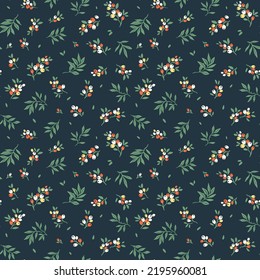 Cute floral pattern in the small berries and leaves. Seamless vector texture. Elegant template for fashion prints. Printing with small white and orange flowers. Dark blue background. Stock print.