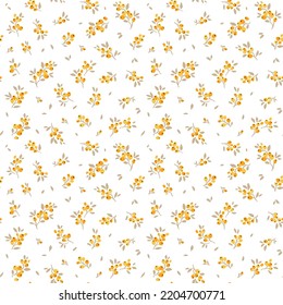 Cute floral pattern in the small berries. Seamless vector texture. Gentle template for fashion prints. Printing with small yellow flowers. White background.