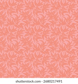 Cute floral pattern in small branches and leaves. Small orange hand drawn flowers. Bright pink background. Ditsy print. Floral seamless background. Template with flowers for fashion prints. Stock 