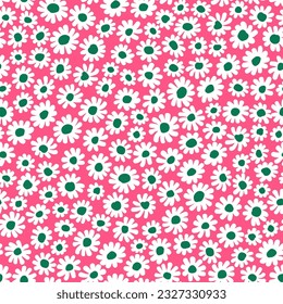 Cute floral pattern in the small chamomile flowers. Seamless vector texture. Naive template for fashion prints. Printing with small daisy flowers. Pink background. Stock print.