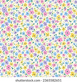 Cute floral pattern with small chamomile flowers. Seamless vector for textile, wallpaper, covers, surface. Naive template for fashion prints. Printing with small daisy flowers. White background. Stock