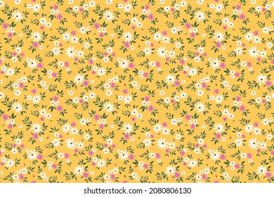 Patrón floral lindo en la pequeña flor de margarita. Textura vectorial sin inconvenientes. Elegante plantilla para impresiones de moda. Impresión con flores pequeñas blancas y rosas. Fondo amarillo ámbar claro.