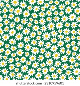 Frische Blumenmuster in den kleinen blühenden Blumen. Nahtlose Vektorstruktur. Helle Vorlage für Modedrucke. Drucken mit kleinen weißen Blumen. Grüner Hintergrund. Stockdruck.