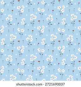 Lindo patrón floral en diseño Pequeño. Pequeñas flores blancas sobre fondo azul. Sucio patrón floral sin fisuras. Bastante Pequeña impresión. Diseño de la superficie de la flor de la margarita para la moda, Fondo de pantalla, materia textil, impresión