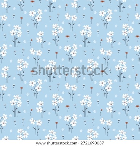 Cute floral pattern in small design. Small white flowers on blue background. Ditsy floral seamless pattern. Pretty small print. Daisy flower surface design for fashion, wallpaper, textile, print