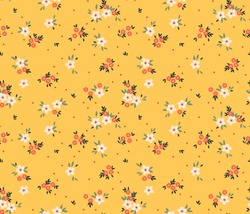 Cute Floral Pattern In The Small Flower. Ditsy Print. Motifs Scattered Random. Seamless Vector Texture. Elegant Template For Fashion Prints. Printing With Small White Flowers. Yellow Background.