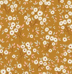 Cute Floral Pattern In The Small Flower. Ditsy Print. Seamless Vector Texture. Elegant Template For Fashion Prints. Printing With Small White Flowers. Pale Gold Background.