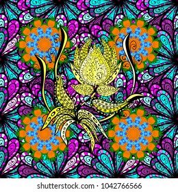 Cute Floral pattern in the small flower. Gentle, summer floral on black, blue and orange colors. Vector illustration. Vector pattern.