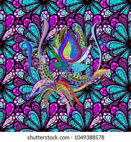 Cute Floral pattern in the small flower. Flowers on black, blue and violet colors.