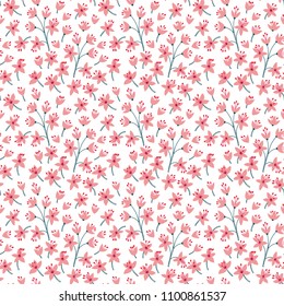 Cute floral pattern in the small flower. Ditsy print. Seamless vector texture. Elegant template for fashion prints. Printing with small rose-colored flowers. White background.