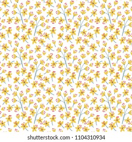 Cute floral pattern in the small flower. Ditsy print. Seamless vector texture. Elegant template for fashion prints. Printing with small yellowflowers.  White background.
