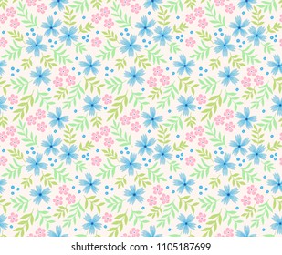 Cute floral pattern in the small flower. Ditsy print. Seamless vector texture. Elegant template for fashion prints. Printing with small pink and light blue flowers. White background.