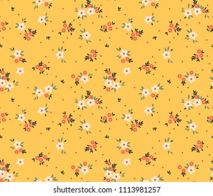 Cute floral pattern in the small flower. Ditsy print. Motifs scattered random. Seamless vector texture. Elegant template for fashion prints. Printing with small white flowers. Yellow background.