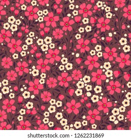 Cute floral pattern in the small flower. Ditsy print. Motifs scattered random. Seamless vector texture. Elegant template for fashion prints. Printing with small pink   flowers. Brown background.