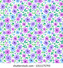 Cute floral pattern in the small flower. Ditsy print. Seamless vector texture. Elegant template for fashion prints. Printing with small lilac and blue flowers. White background.