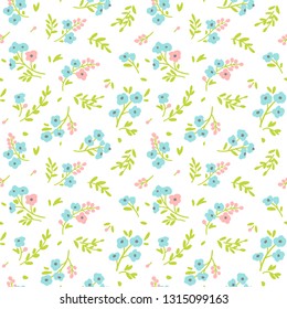 Cute floral pattern in the small flower. Ditsy print. Seamless vector texture. Elegant template for fashion prints. Printing with small pink and blue  flowers. White background.