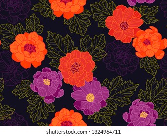 Cute floral pattern in the small flower. Liberty print. Motifs scattered random. Seamless vector texture. Elegant template for fashion prints. Printing with small orange flowers. Dark Blue background.