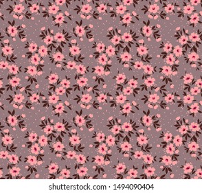 Cute Floral pattern in the small flower. Ditsy print. Motifs scattered random. Seamless vector texture. Elegant template for fashion prints. Printing with small pink flowers. Gray background.