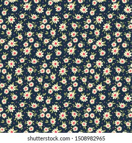 Cute floral pattern in the small flower. Ditsy print. Seamless vector texture. Elegant template for fashion prints. Printing with small white flowers. Dark blue background.