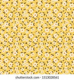 Cute floral pattern in the small flower. Ditsy print. Seamless vector texture. Elegant template for fashion prints. Printing with small white flowers. Pale yellow background.