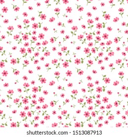 Cute floral pattern in the small flower. Ditsy print. Seamless vector texture. Elegant template for fashion prints. Printing with small pink flowers. White background.