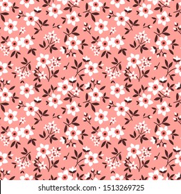 Cute floral pattern in the small flower. Ditsy print. Seamless vector texture. Elegant template for fashion prints. Printing with small white flowers. Coral background.