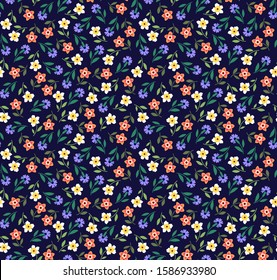 Cute floral pattern in the small flower. Ditsy print. Seamless vector texture. Elegant template for fashion prints. Printing with multicolor small  flowers. Dark background.